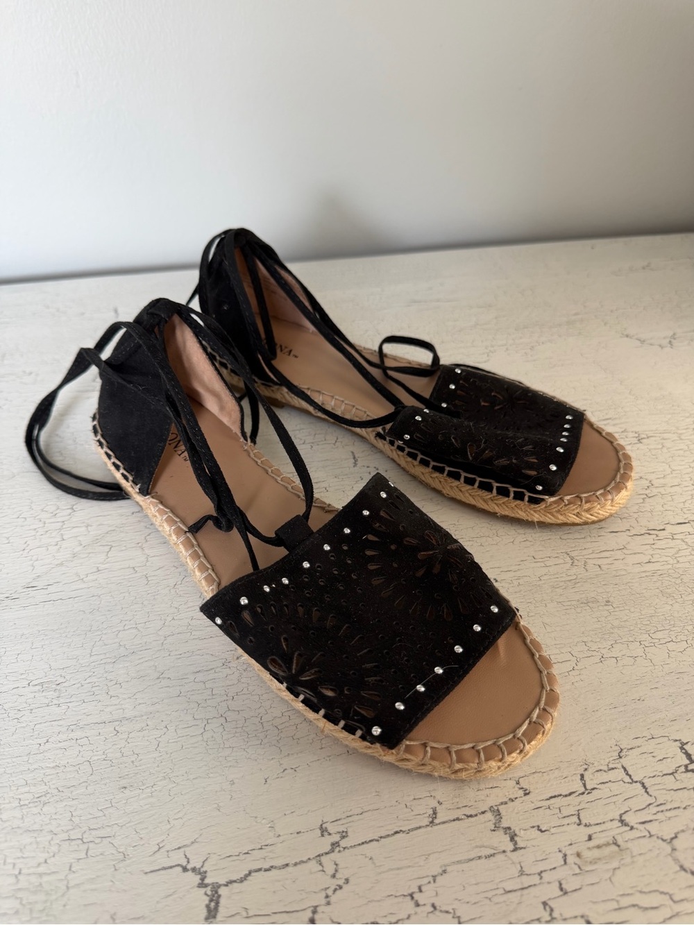 Merona Black Laser-Cut Suede Espadrille Sandals with Lace Up Ties